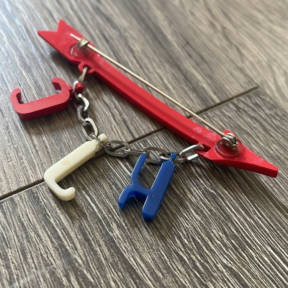 1940s Celluloid Early Plastic Patriotic Red Arrow Brooch w Charms K J C Initials - Picture 7 of 17